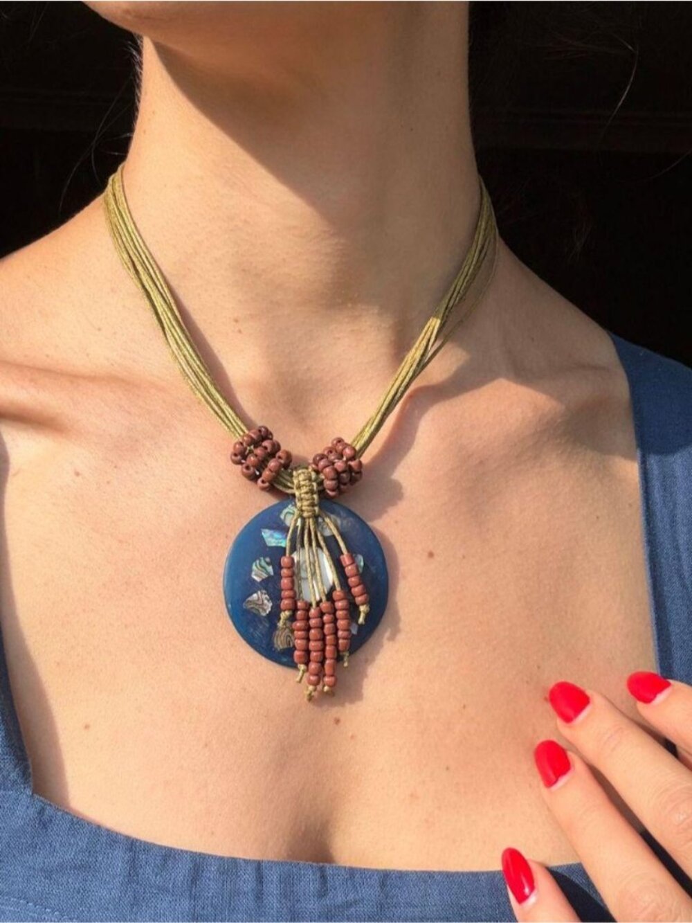Vintage Brazilian Artisan Abalone Shiva Eye Shell Pendant Necklace